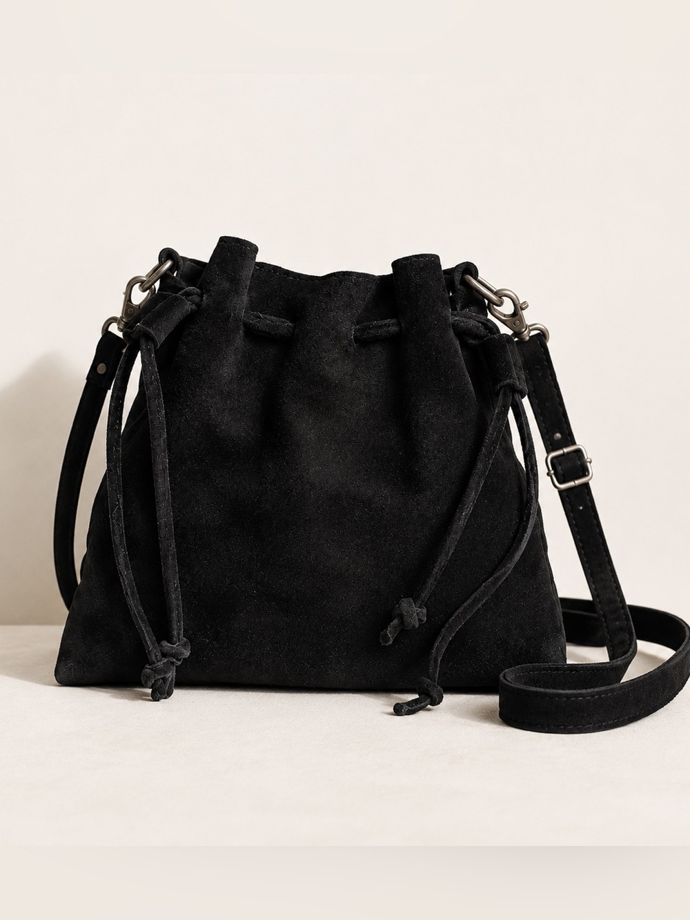 Free People Billie Suede Drawstring Crossbody Bag Black